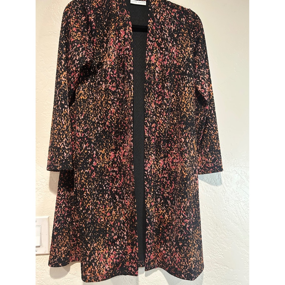 Susan Graver Womens XXSP Abstract Splatter Open Front Cardigan Jacket Black Pink